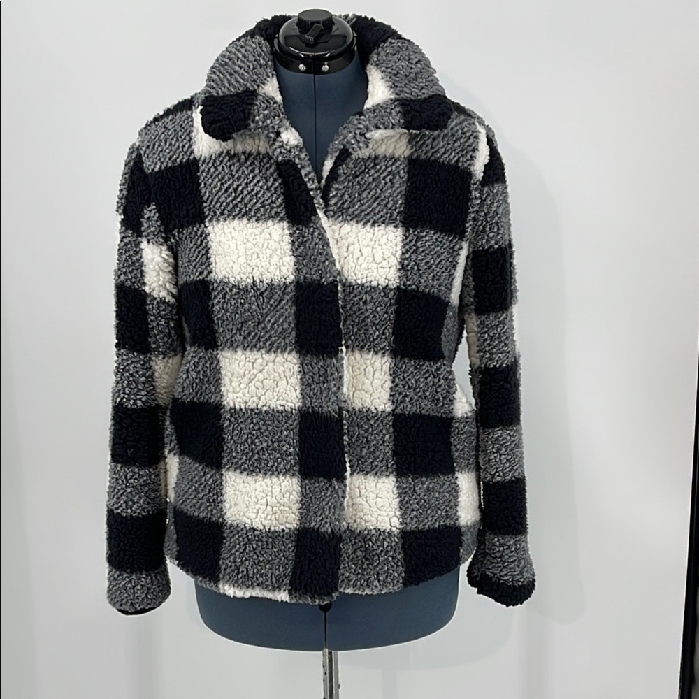 KNOX ROSE WOMENS SIZE M Cozy Plaid Sherpa Jacket - Black and White